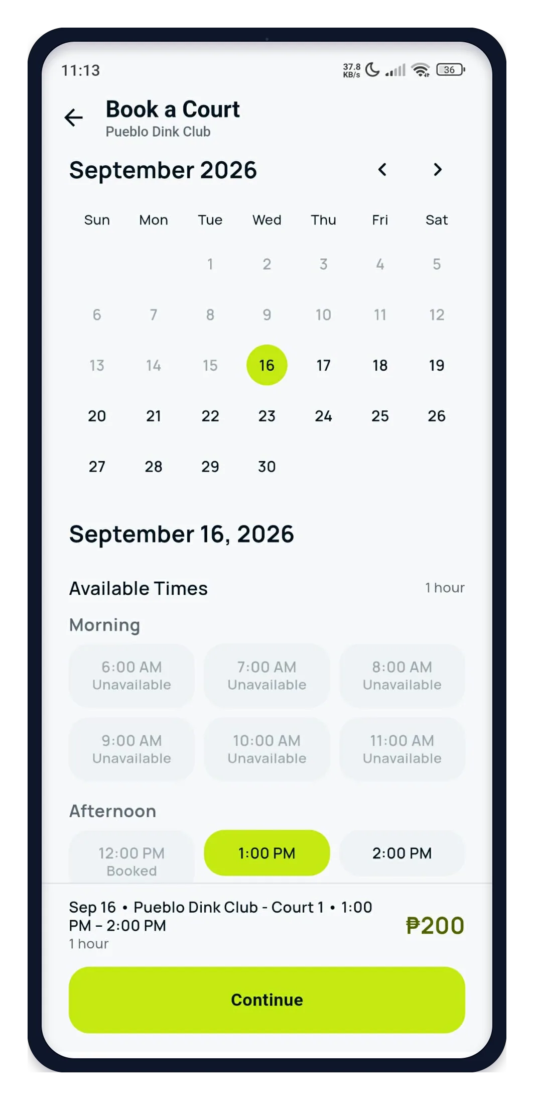 Book a pickleball court using DINK calendar availability