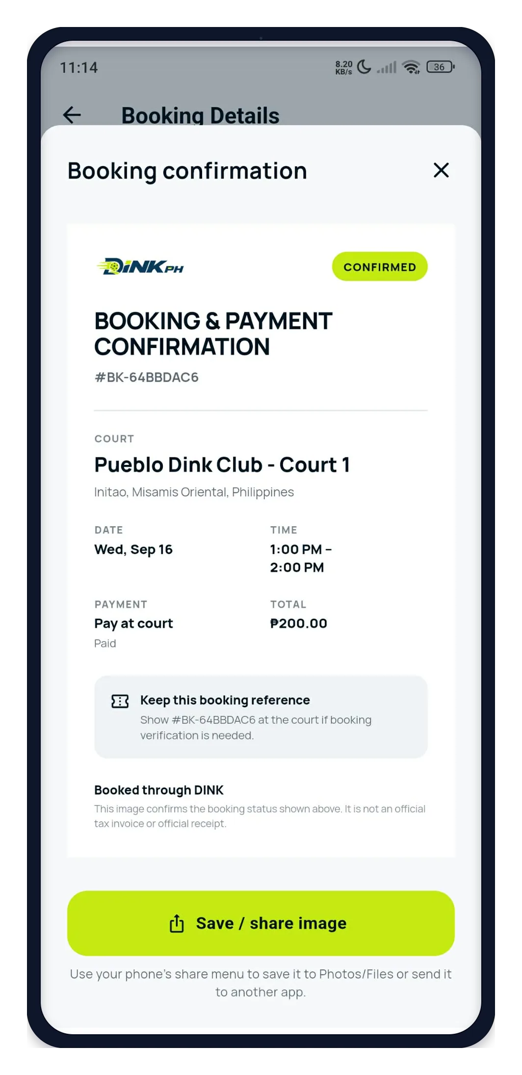 DINK booking confirmation
