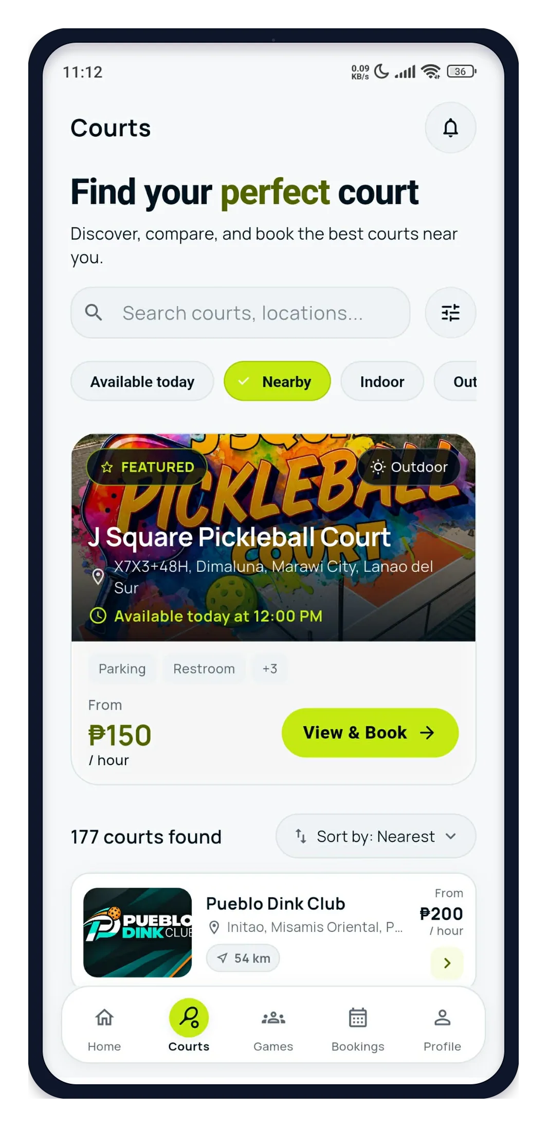 DINK Explore Courts mobile screen